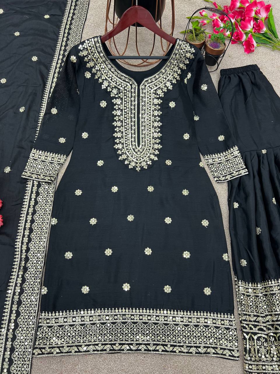 Exclusive Embroidery Work Black Color Sharara Suit