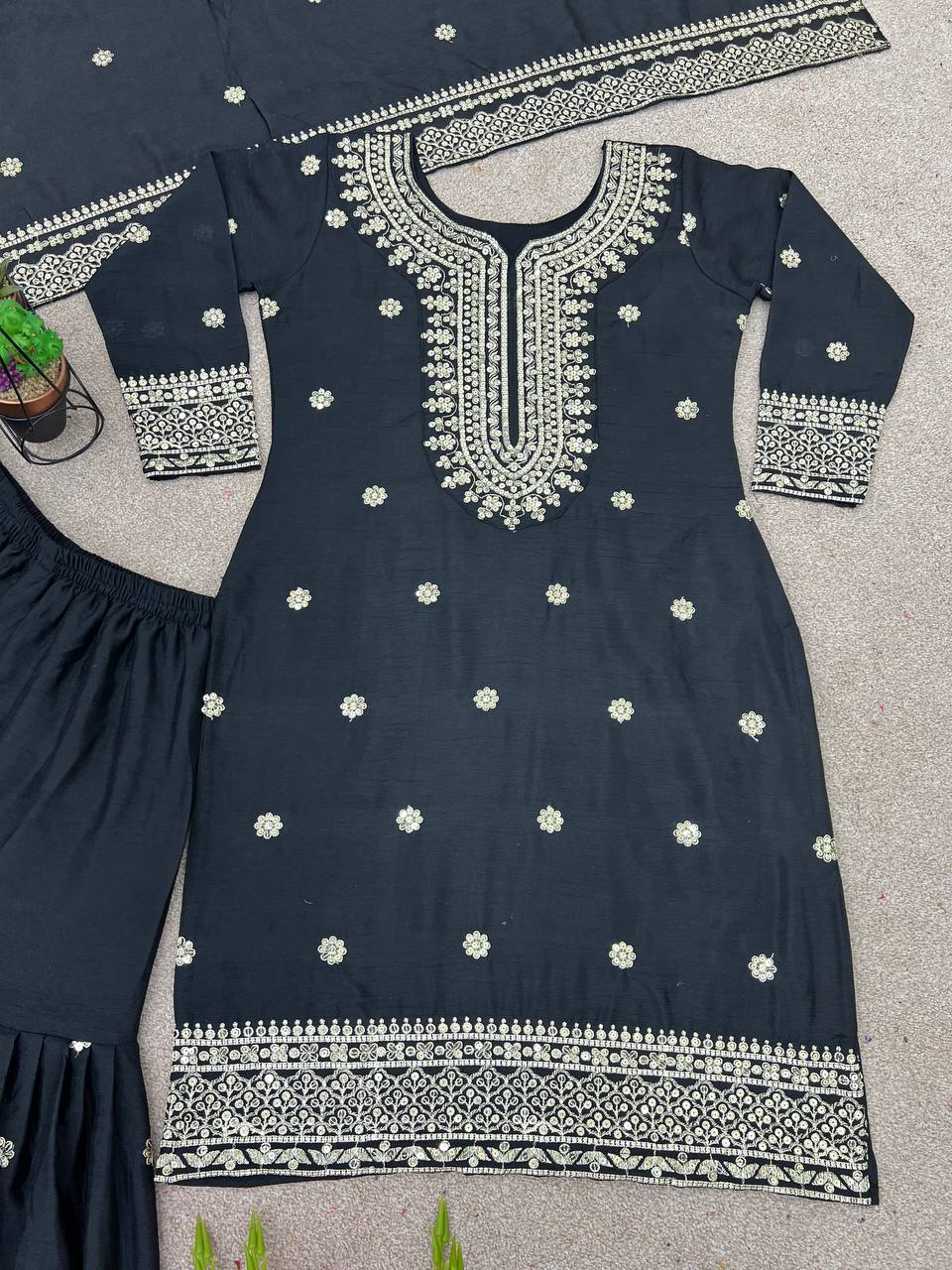 Exclusive Embroidery Work Black Color Sharara Suit