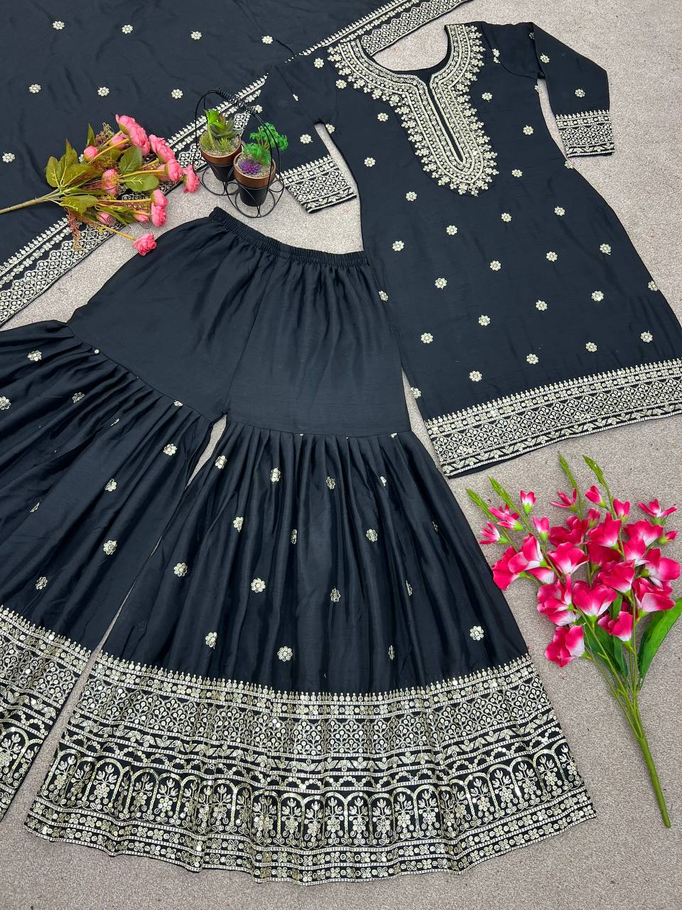 Exclusive Embroidery Work Black Color Sharara Suit