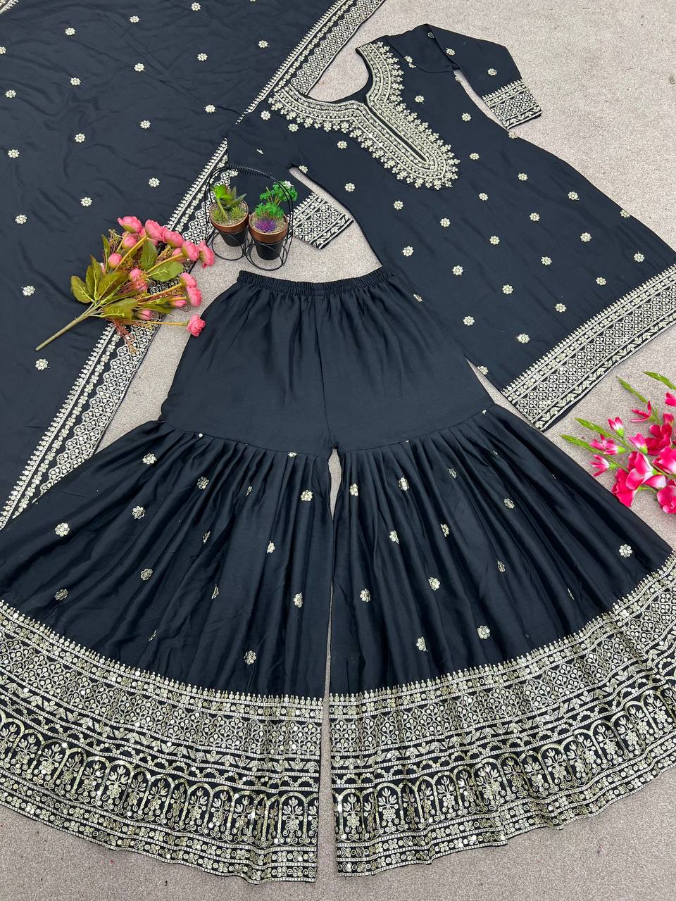 Exclusive Embroidery Work Black Color Sharara Suit