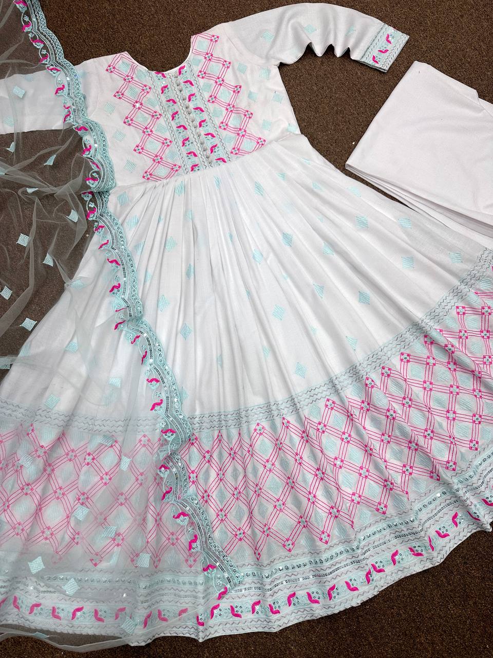 White Color Thread Work Anarkali Top With Palazzo