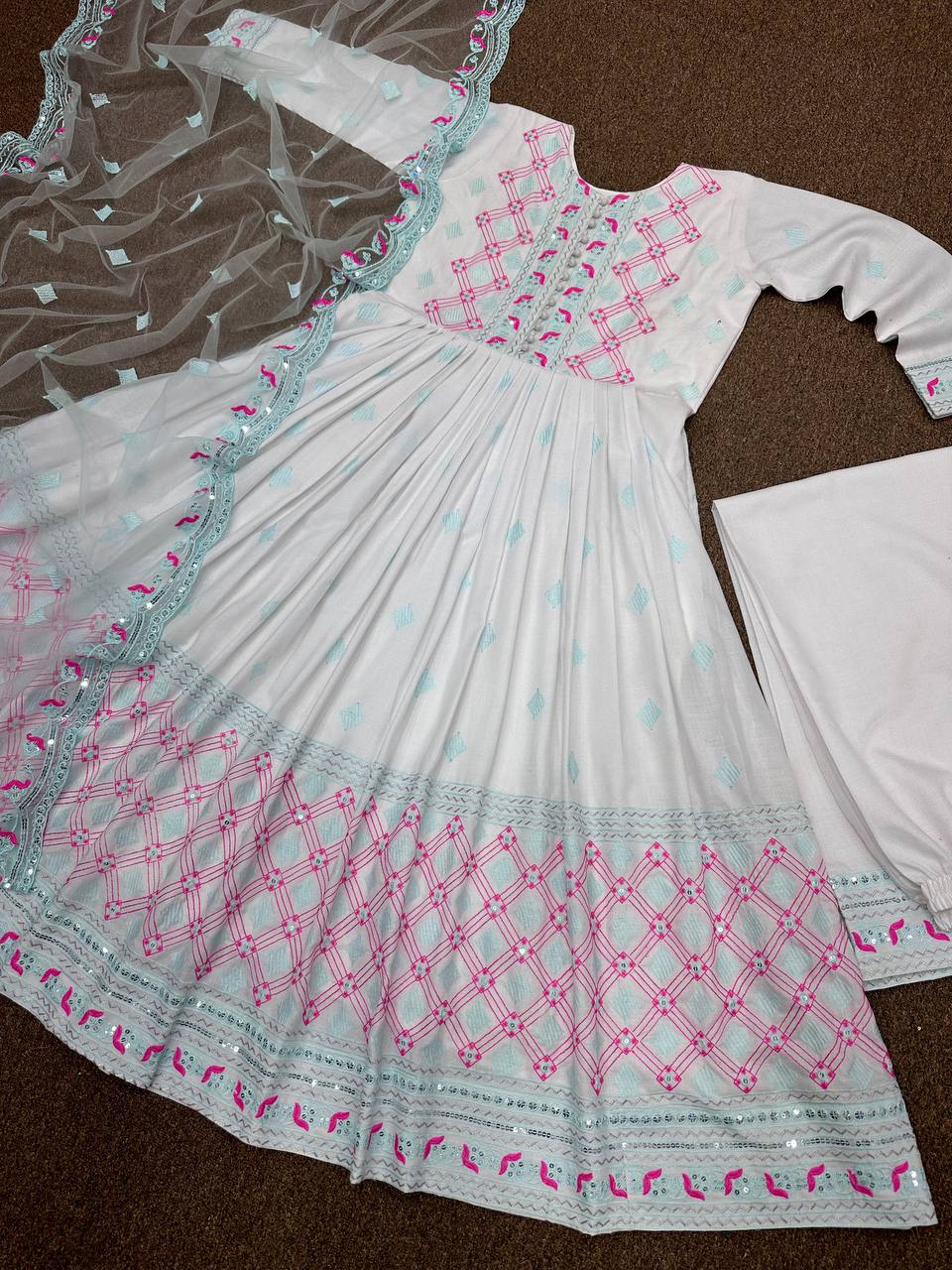 White Color Thread Work Anarkali Top With Palazzo