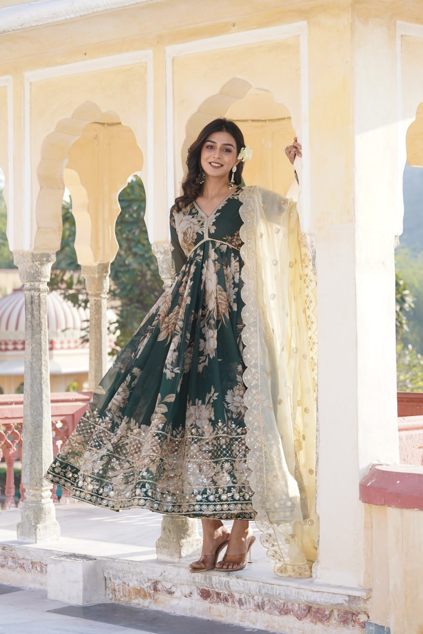 Marvelous Embroidery Work  Digital Print Green Gown