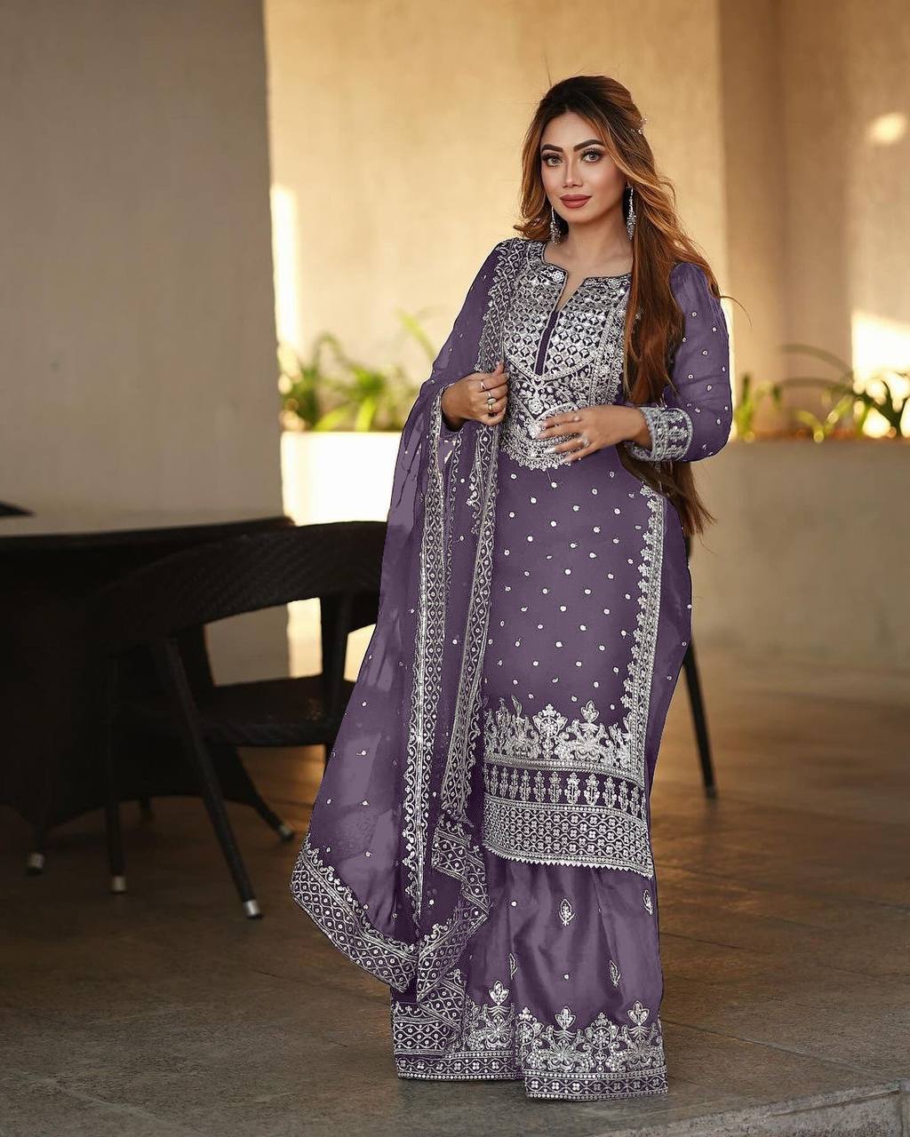 Stylish Lavender Color Sharara Suit With Shining Work