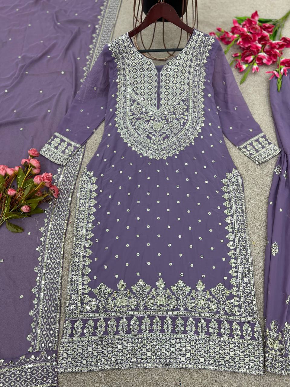 Stylish Lavender Color Sharara Suit With Shining Work