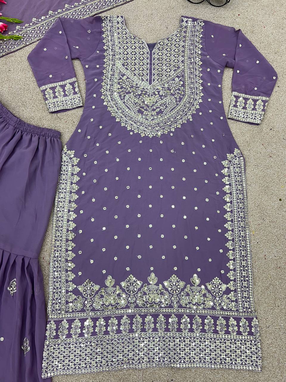 Stylish Lavender Color Sharara Suit With Shining Work