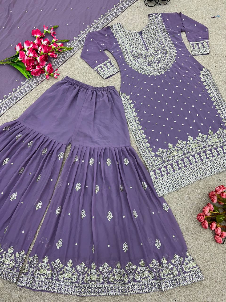 Stylish Lavender Color Sharara Suit With Shining Work