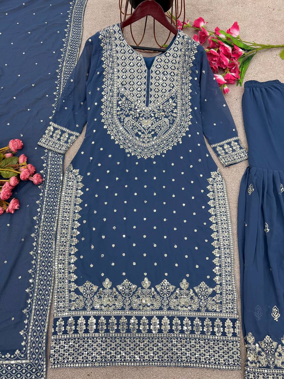 Stylish Blue Color Sharara Suit With Shining Work