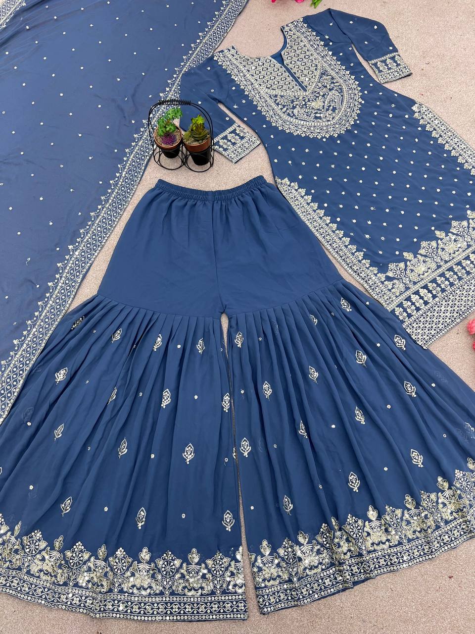 Stylish Blue Color Sharara Suit With Shining Work