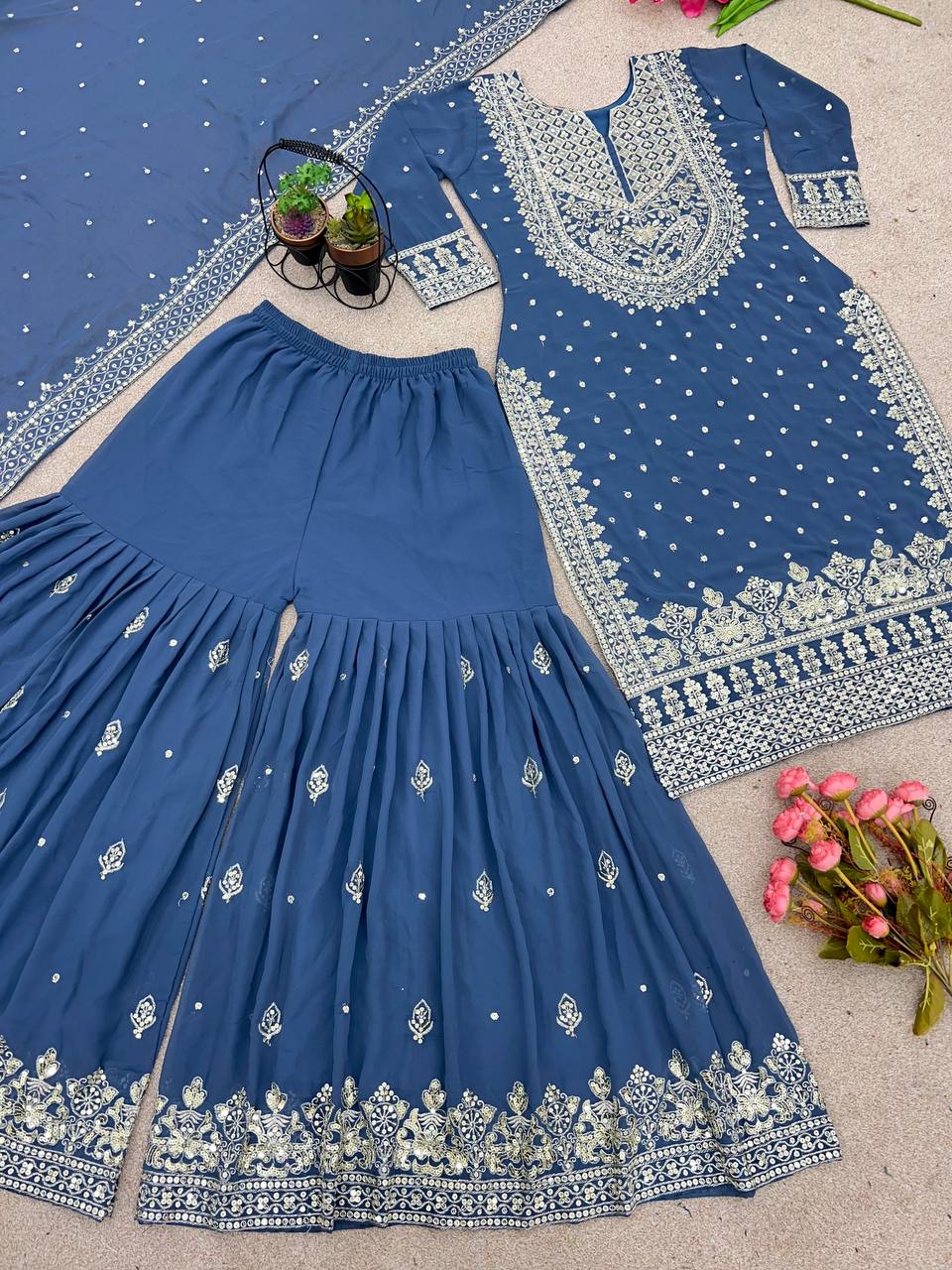 Stylish Blue Color Sharara Suit With Shining Work