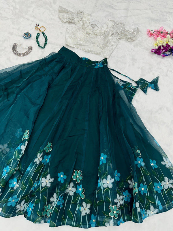 Fabulous Teal Blue Color Printed Lehenga Choli