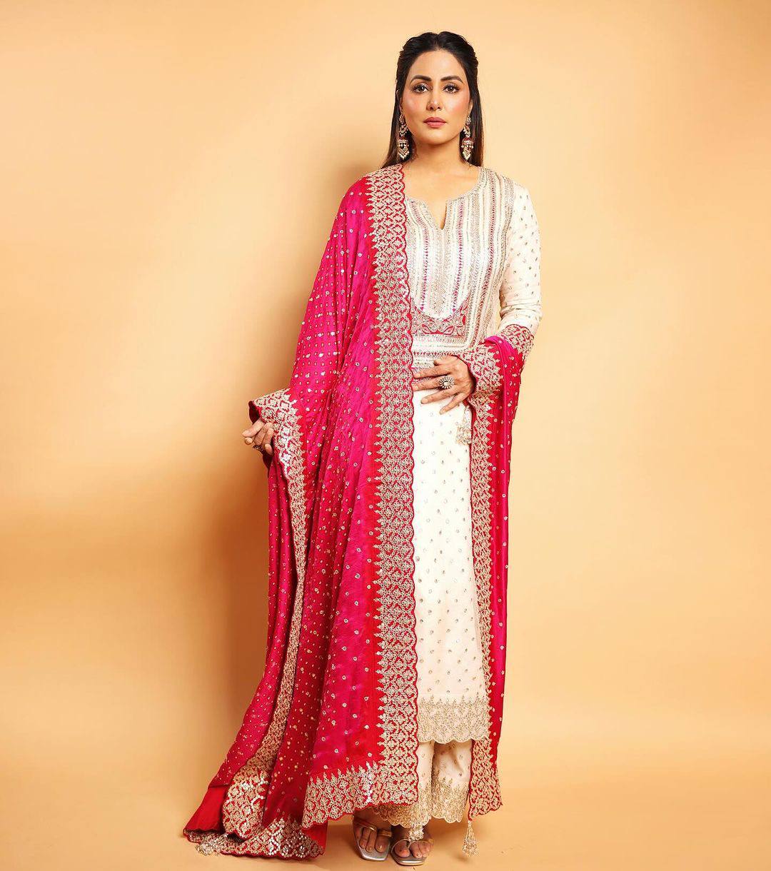 Celebrity Wear White Palazzo Suit With Pink Dupatta