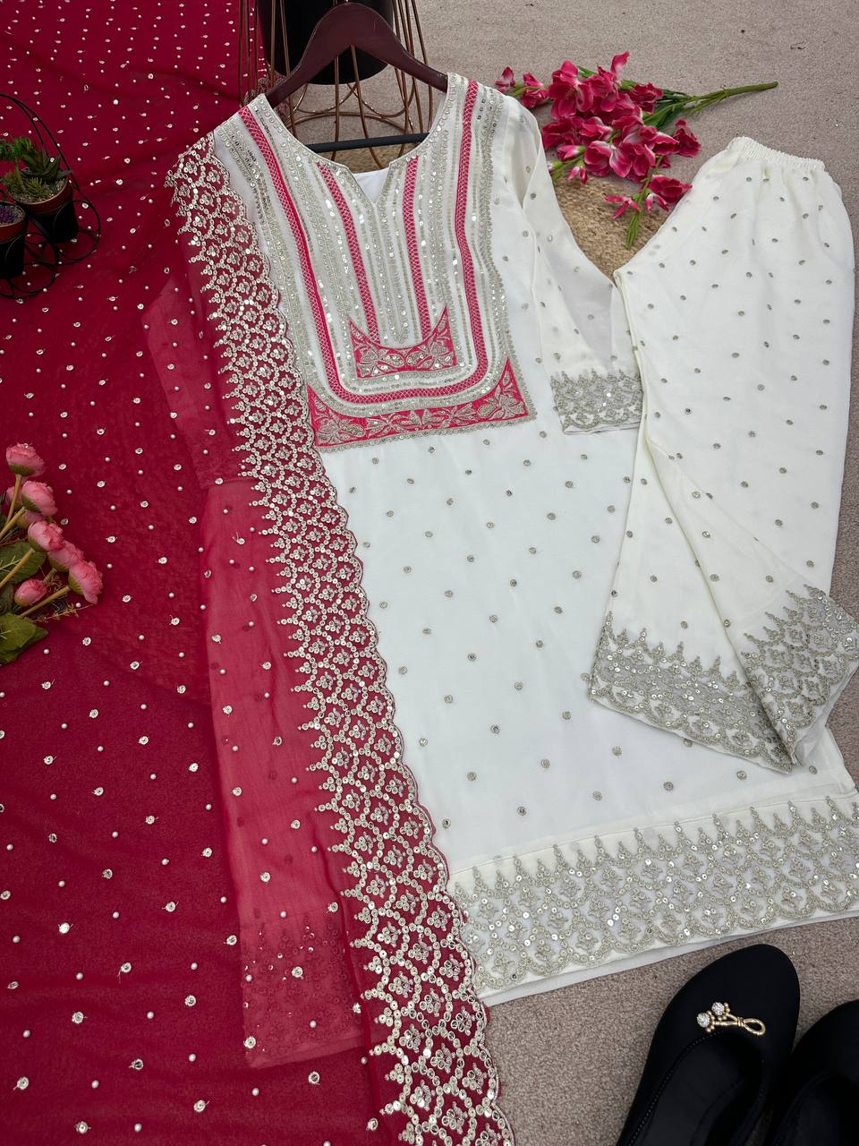 Celebrity Wear White Palazzo Suit With Pink Dupatta