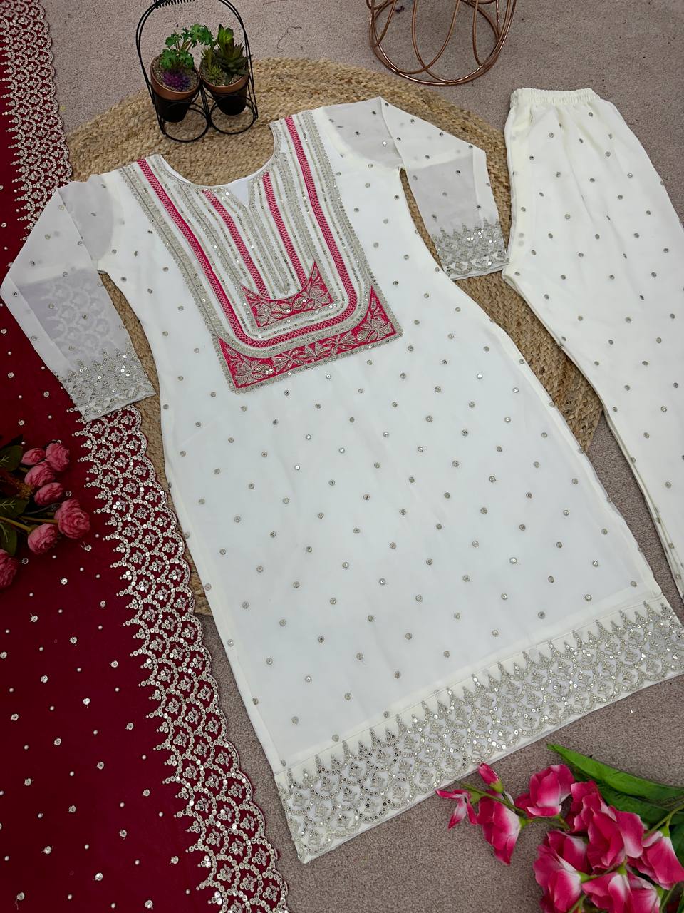 Celebrity Wear White Palazzo Suit With Pink Dupatta