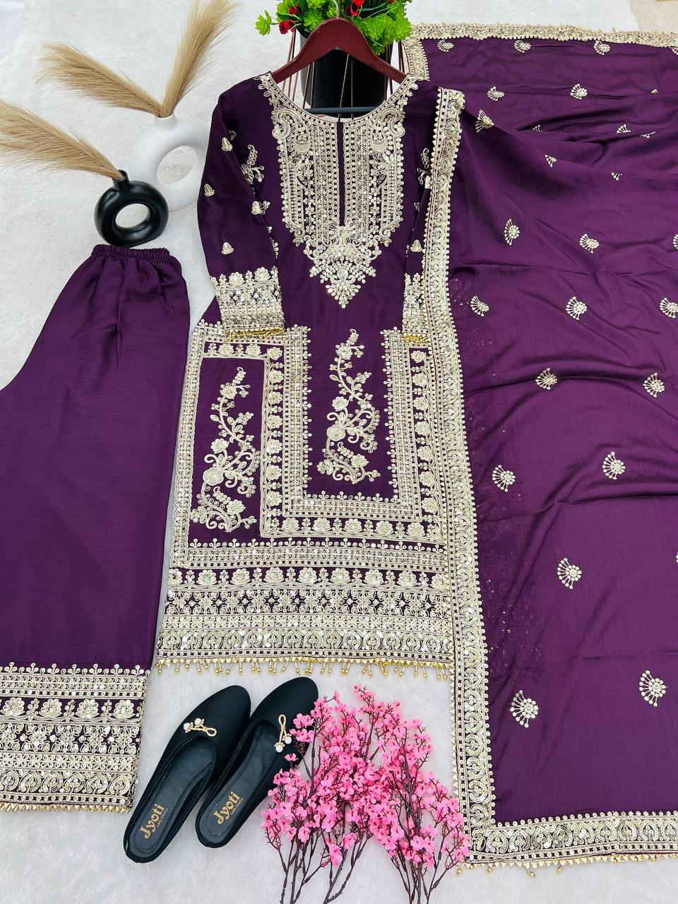 Awesome Wine Color Embroidery Work Palazzo Suit