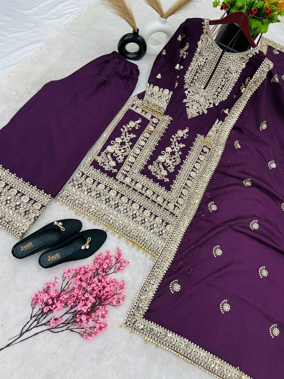 Awesome Wine Color Embroidery Work Palazzo Suit