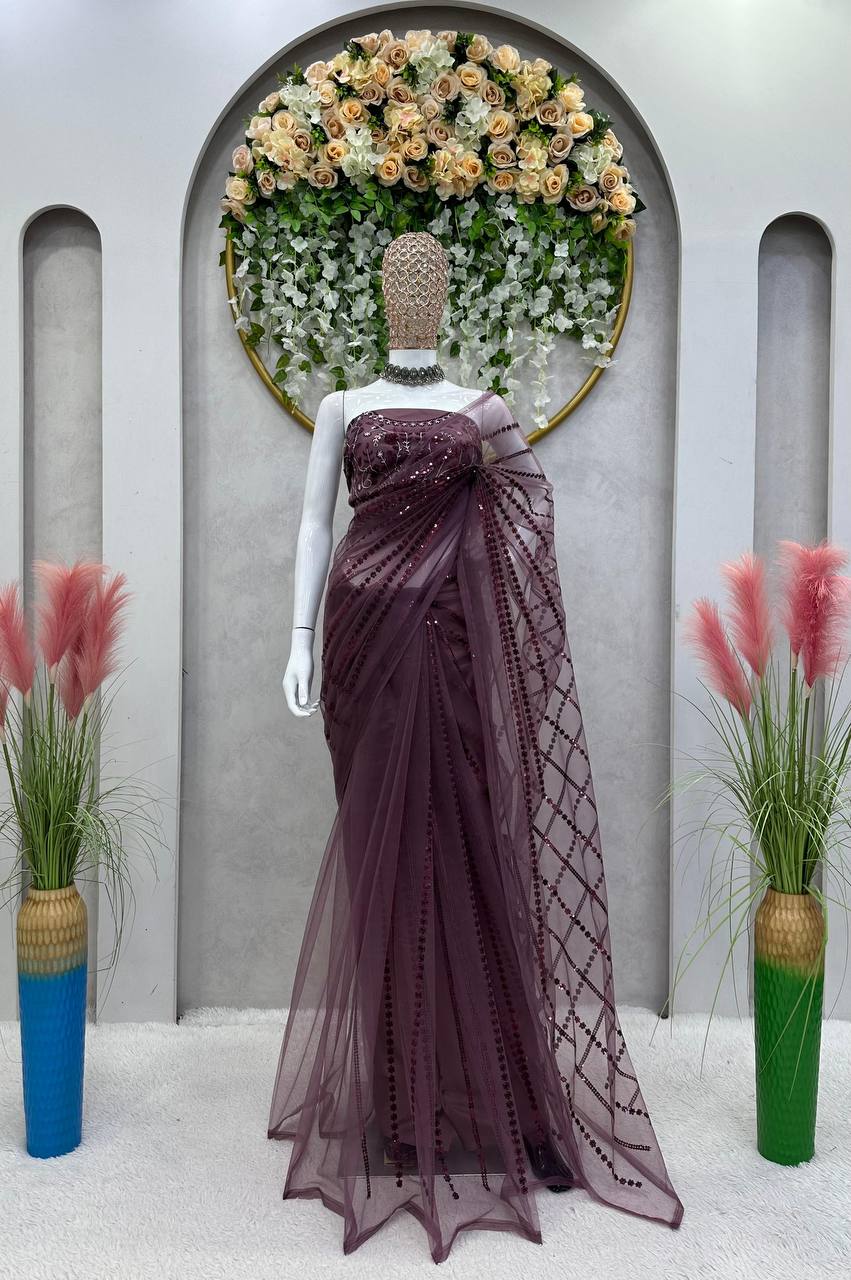 Dazzling Dusty Pink Color Sequence Work Net Saree