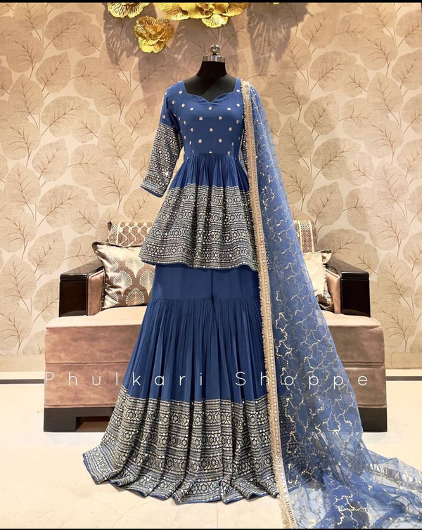 Pretty Blue Color Sequence Work Kediyu With Sharara