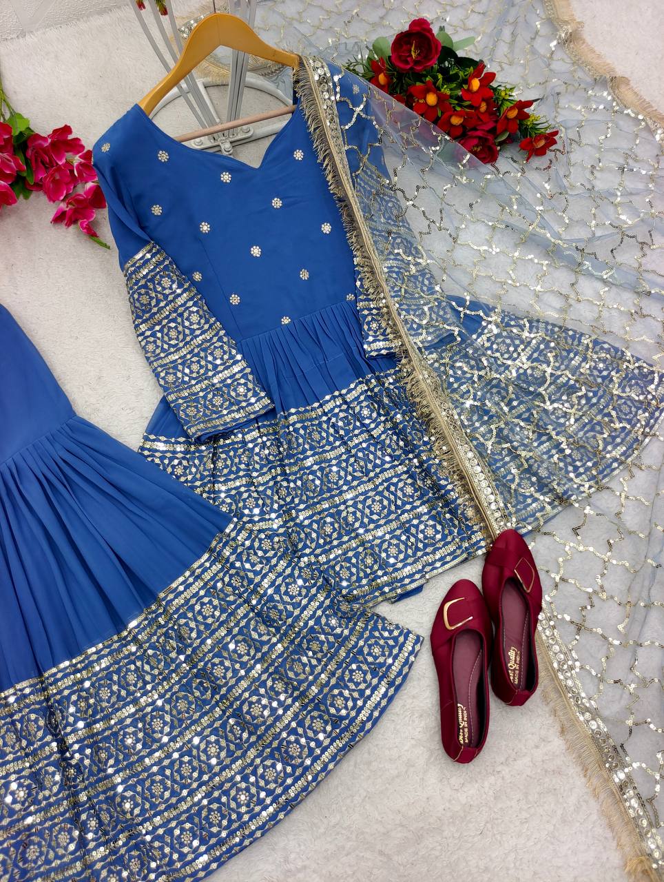 Pretty Blue Color Sequence Work Kediyu With Sharara