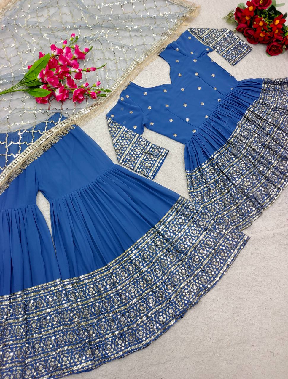 Pretty Blue Color Sequence Work Kediyu With Sharara