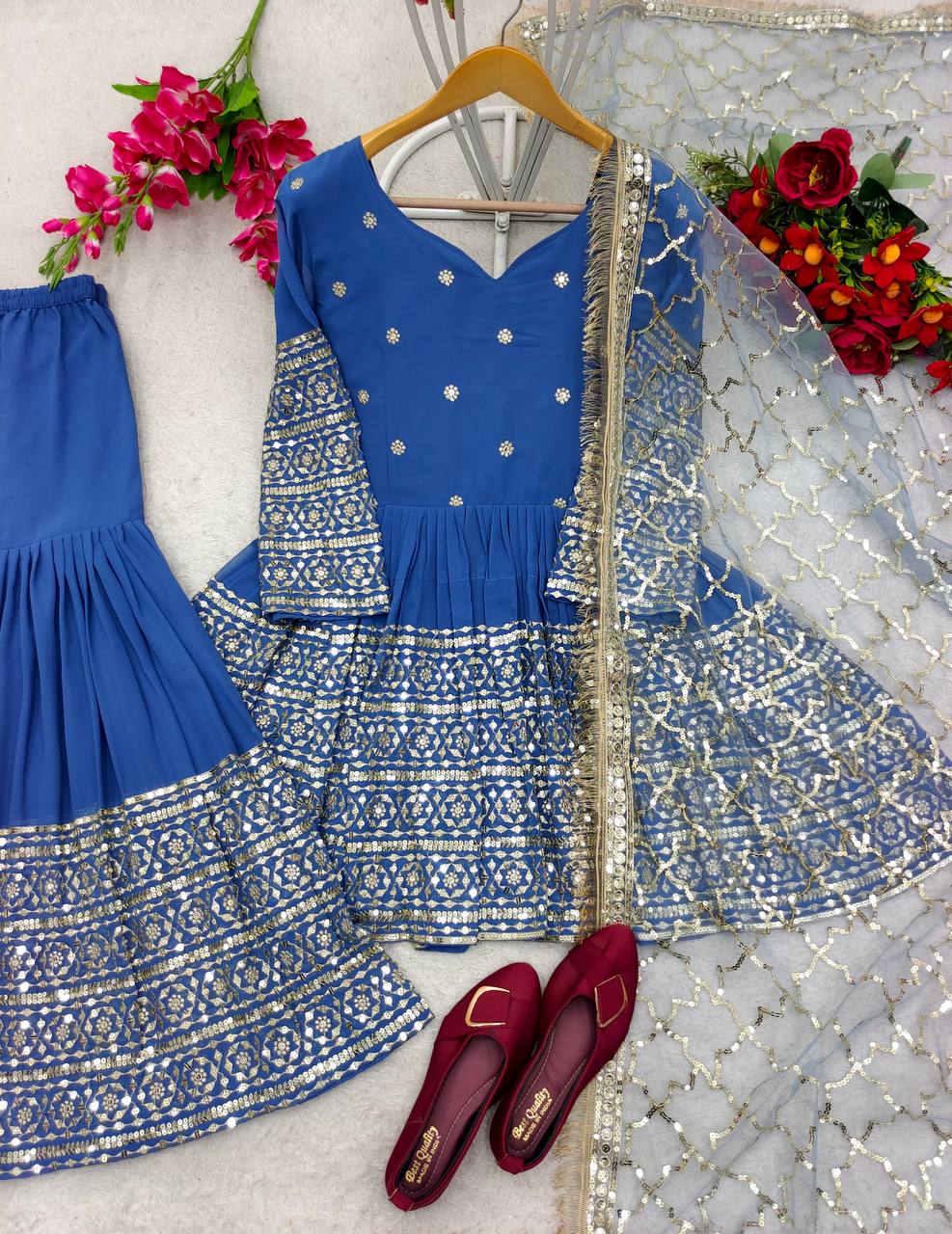 Pretty Blue Color Sequence Work Kediyu With Sharara