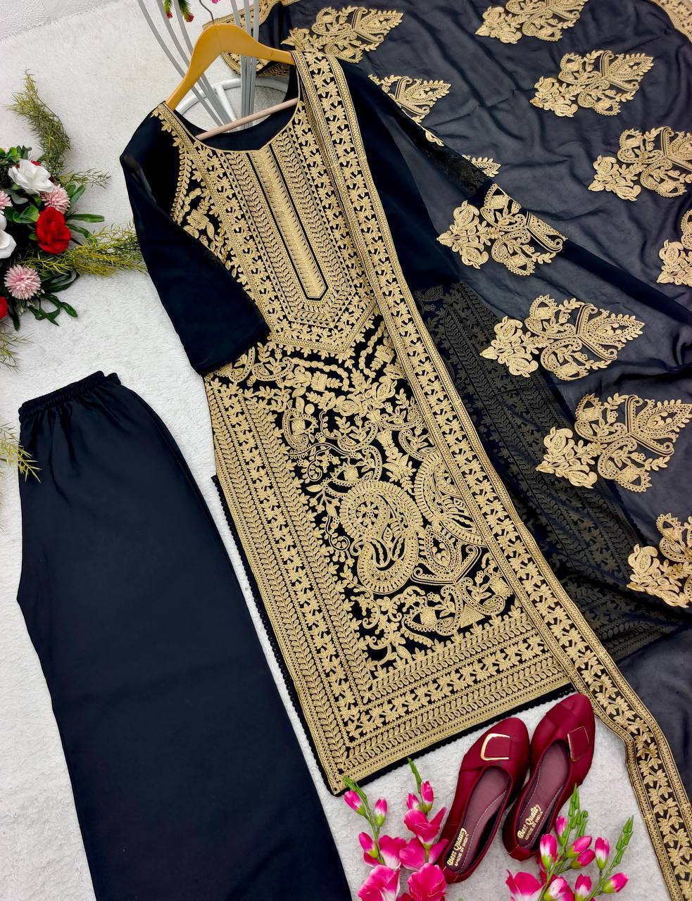 Heavy Full Embroidery Work Black Color Palazzo Suit