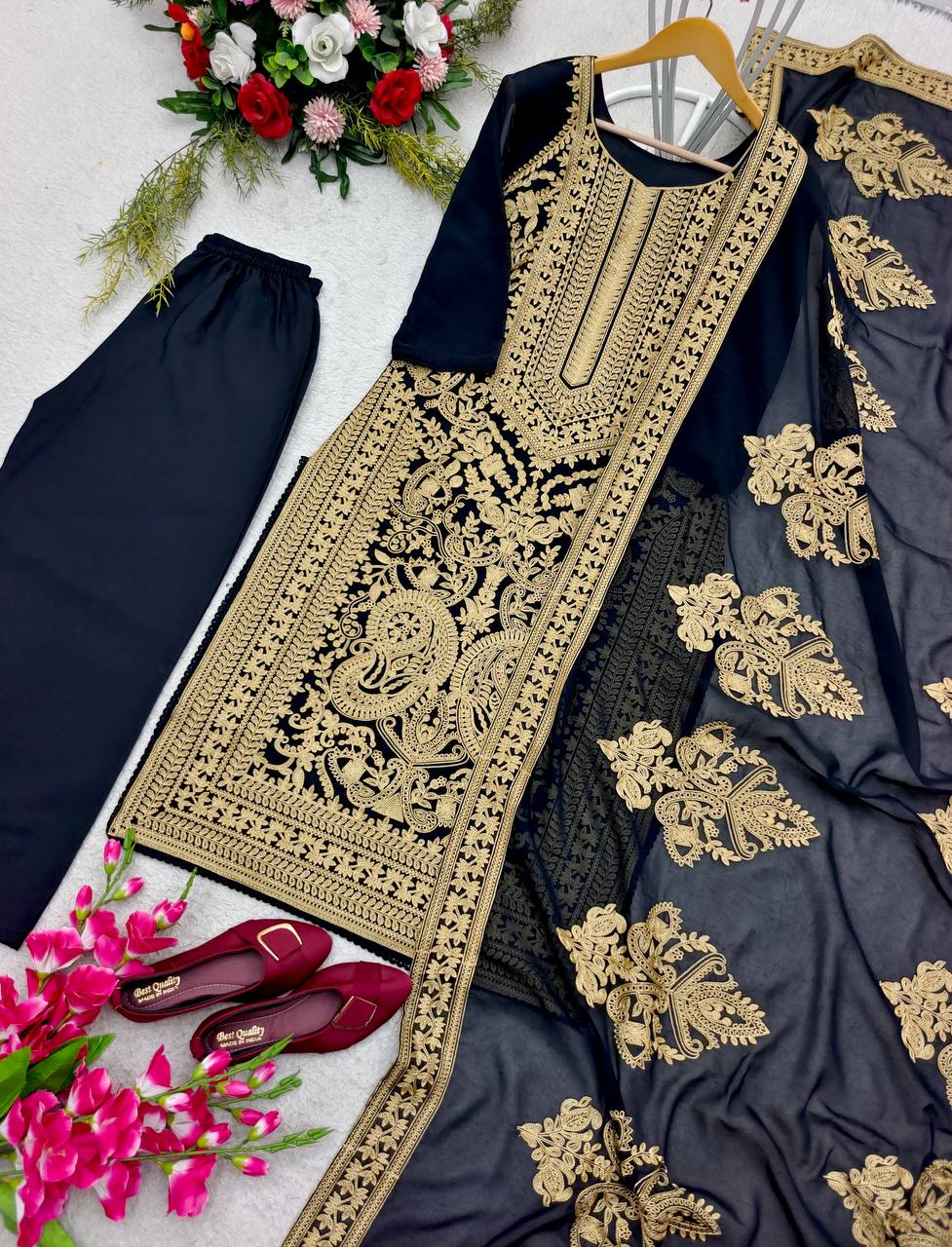 Heavy Full Embroidery Work Black Color Palazzo Suit