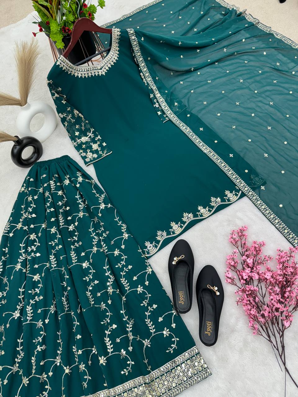 Imposing Embroidery Work Teal Green Sharara Suit