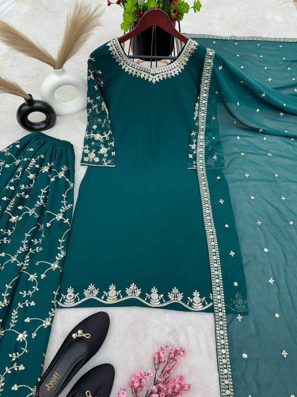 Imposing Embroidery Work Teal Green Sharara Suit