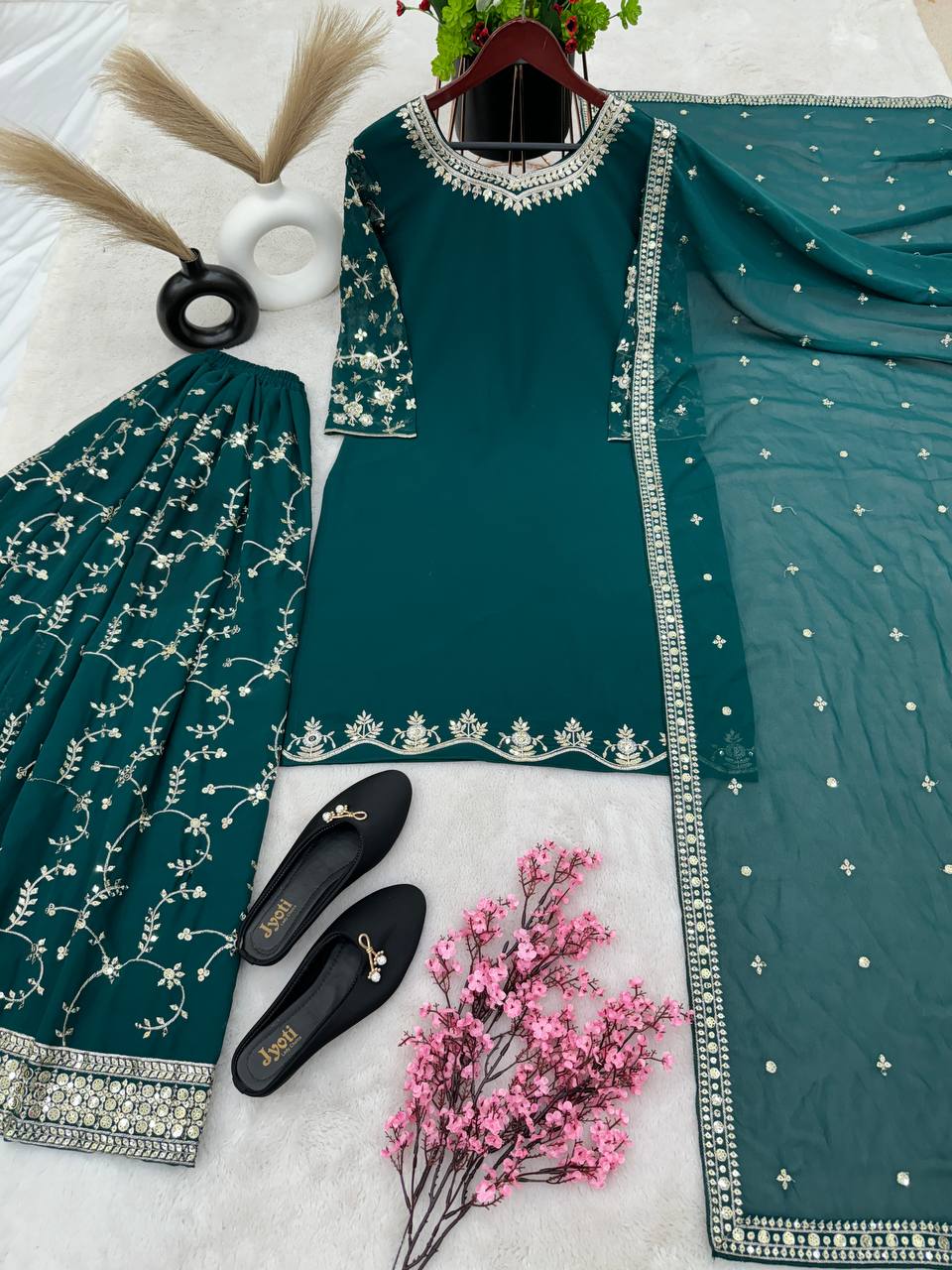 Imposing Embroidery Work Teal Green Sharara Suit