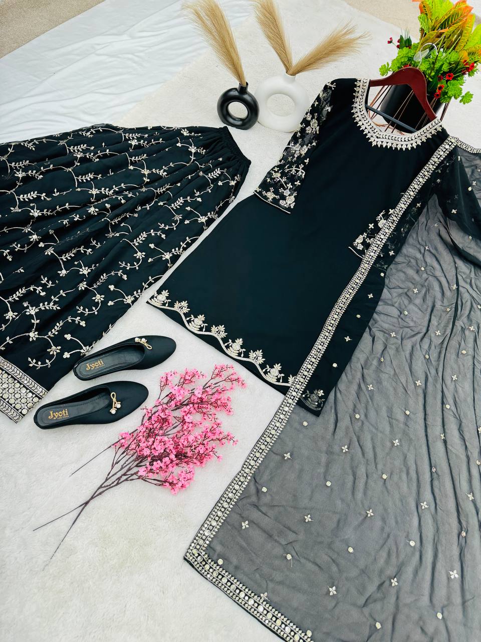 Imposing Embroidery Work Black Sharara Suit