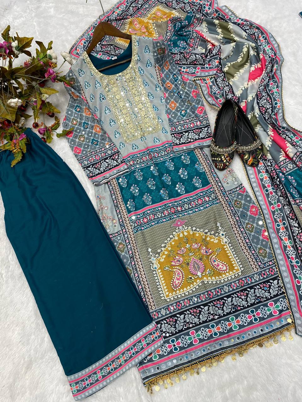 Opulent Embroidery Work Multi Print Teal Blue Color Palazzo Suit