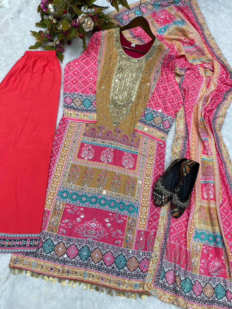 Opulent Embroidery Work Multi Print Pink Color Palazzo Suit