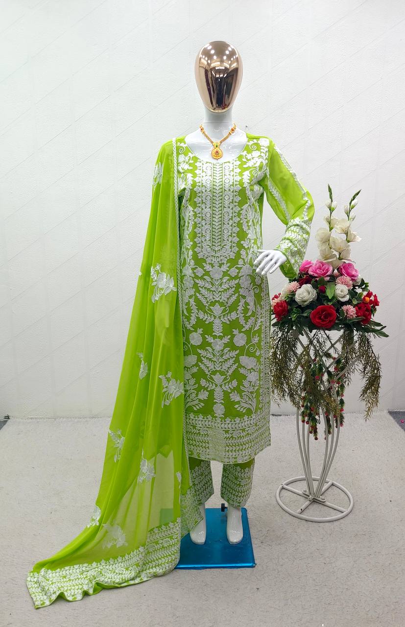 Alluring Green Color Thread Embroidery Work Salwar Suit