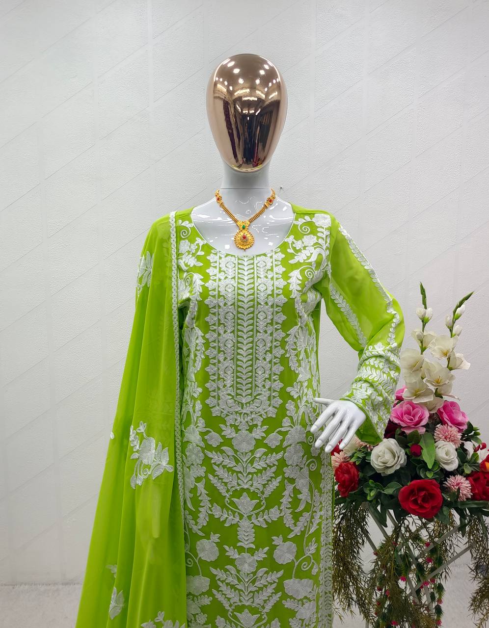 Alluring Green Color Thread Embroidery Work Salwar Suit