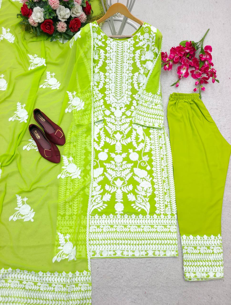 Alluring Green Color Thread Embroidery Work Salwar Suit