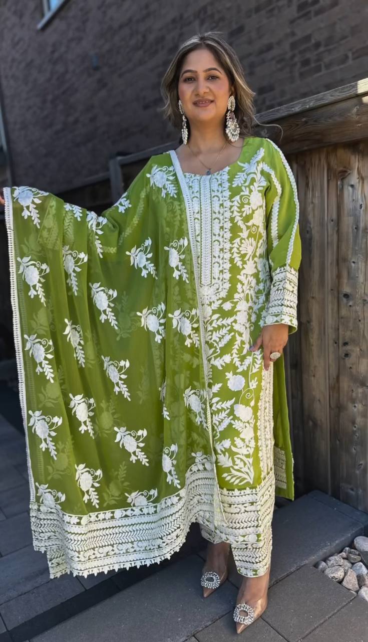 Alluring Green Color Thread Embroidery Work Salwar Suit