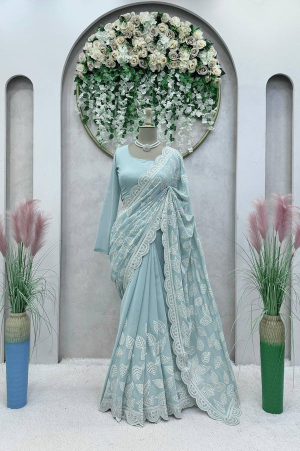 Glorious Sequence Thread Work Sky Blue Color Saree