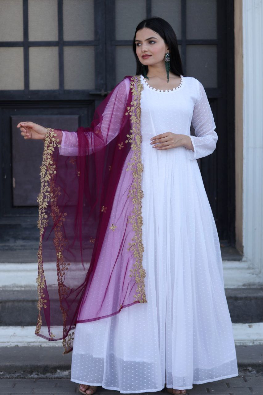 Admiring White Color Gown With Wine Dupatta