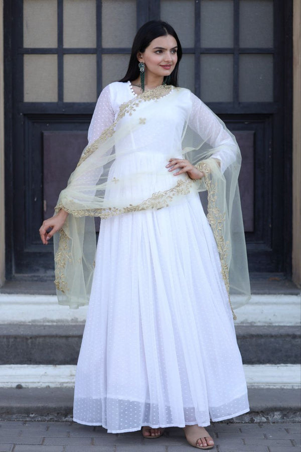 Admiring White Color Gown With Yellow Dupatta