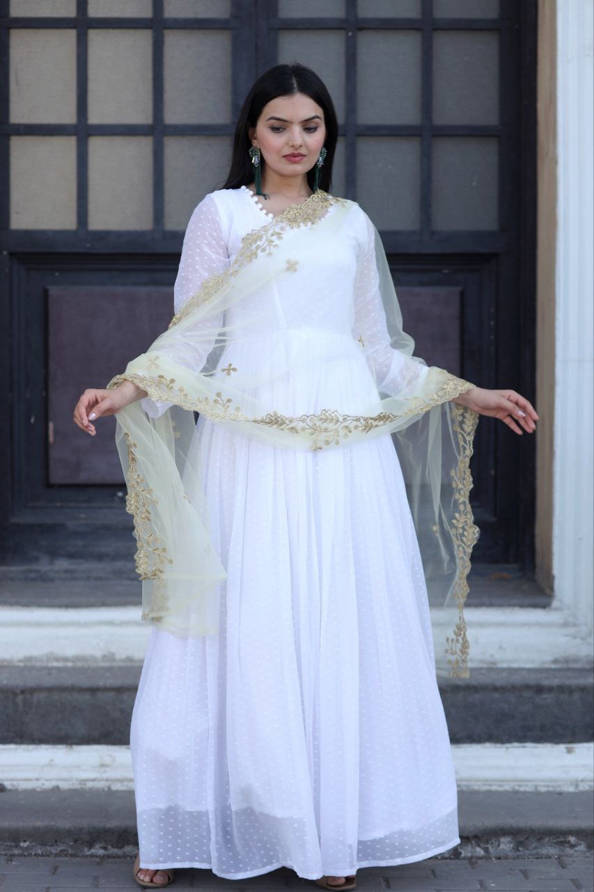 Admiring White Color Gown With Yellow Dupatta
