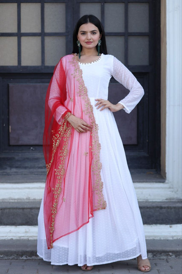 Admiring Red Color Gown With Yellow Dupatta