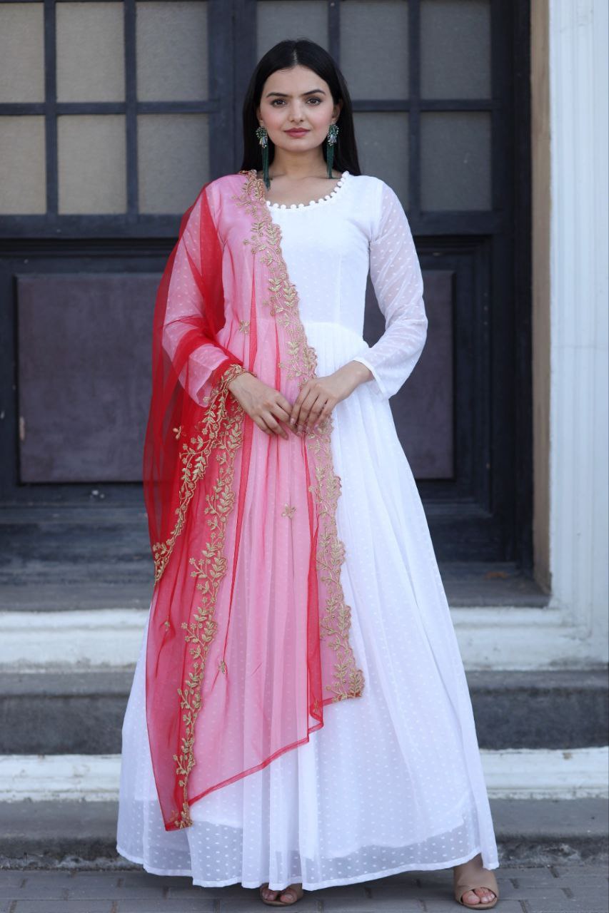 Admiring Red Color Gown With Yellow Dupatta