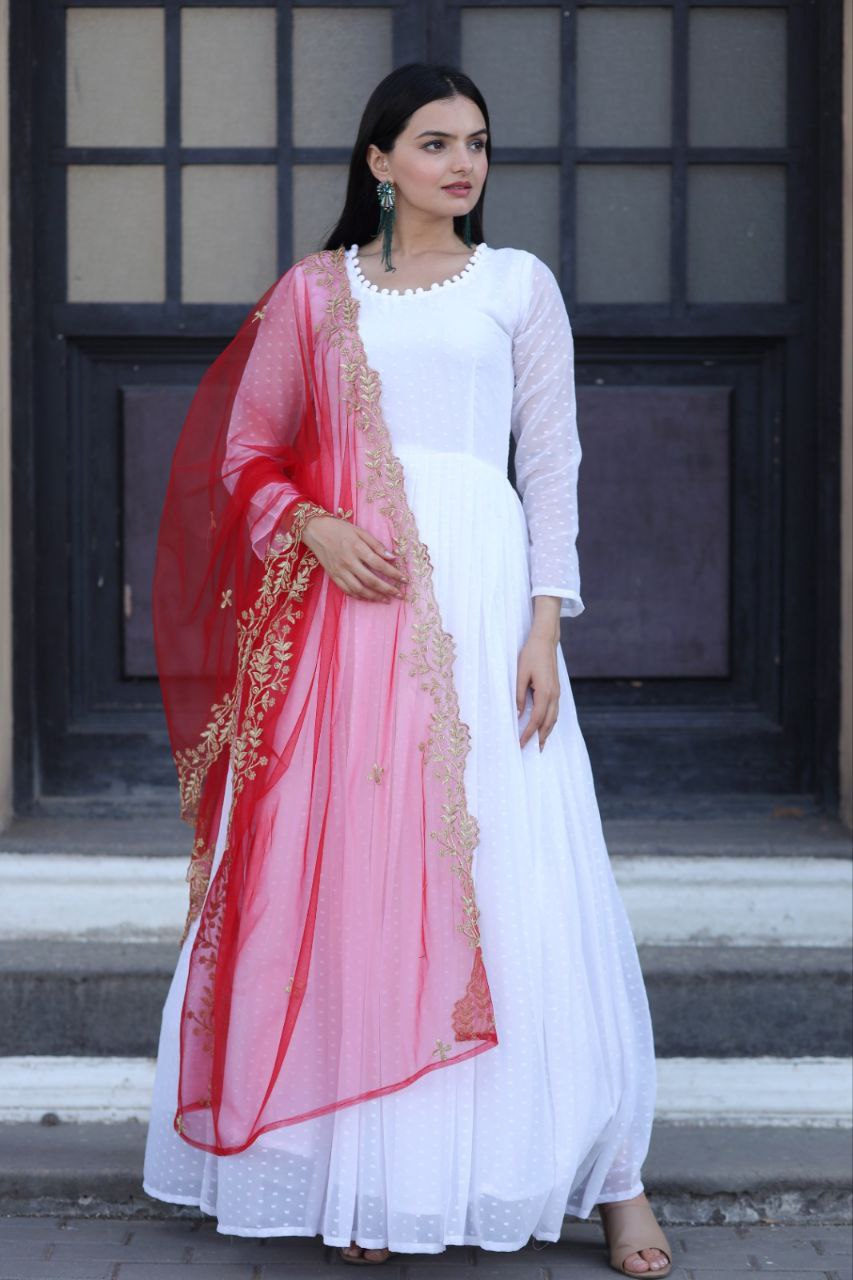 Admiring Red Color Gown With Yellow Dupatta