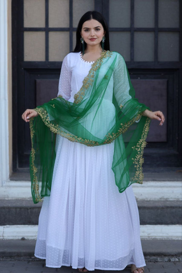 Admiring Green Color Gown With Yellow Dupatta