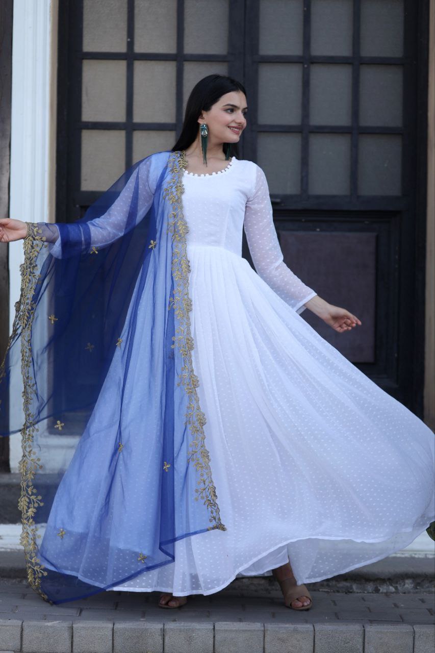 Admiring Blue Color Gown With Yellow Dupatta