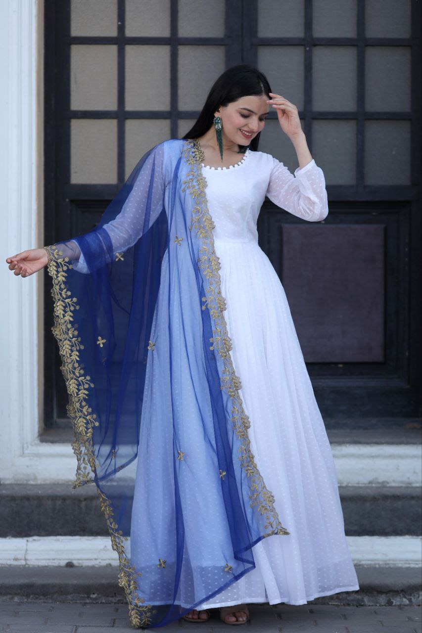 Admiring Blue Color Gown With Yellow Dupatta