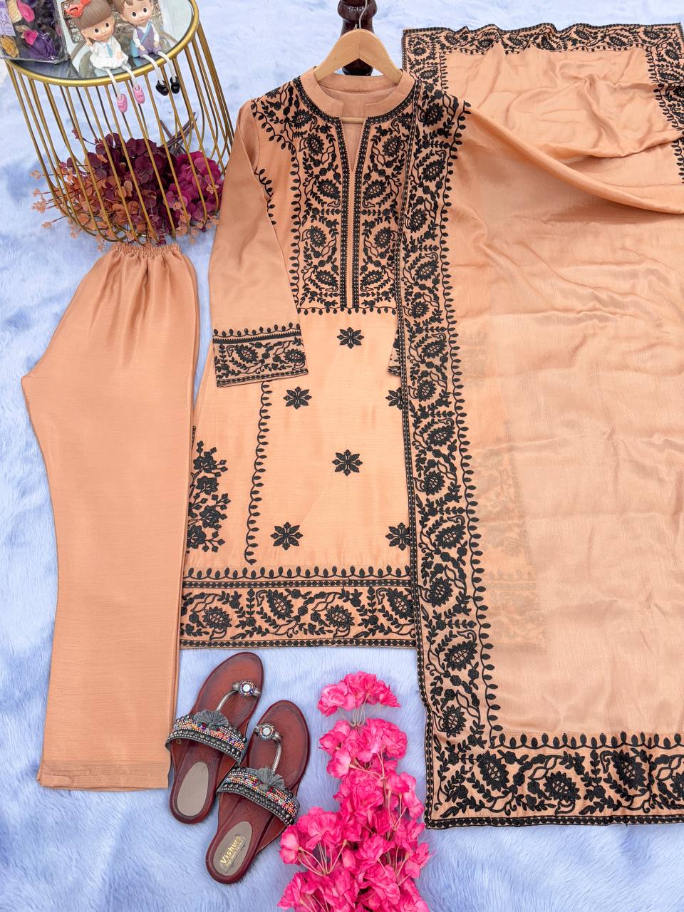 Demanding Peach Color Thread Work Salwar Suit