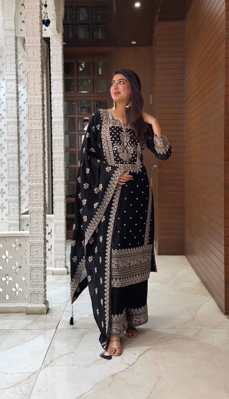 Graceful Embroidery Work Black Color Palazzo Suit