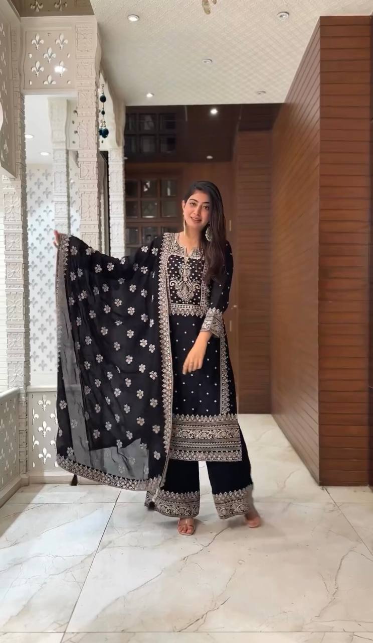 Graceful Embroidery Work Black Color Palazzo Suit